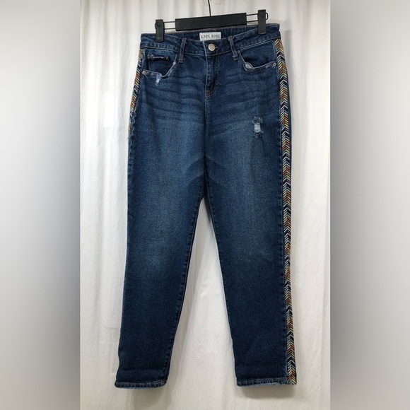 Knox Rose Midrise Straight Leg Blue Cotton Embroidered Side Striped Jeans Size 4 - Picture 3 of 16